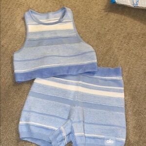 ALO Yoga Blue and White knit High Waist Shorts and top